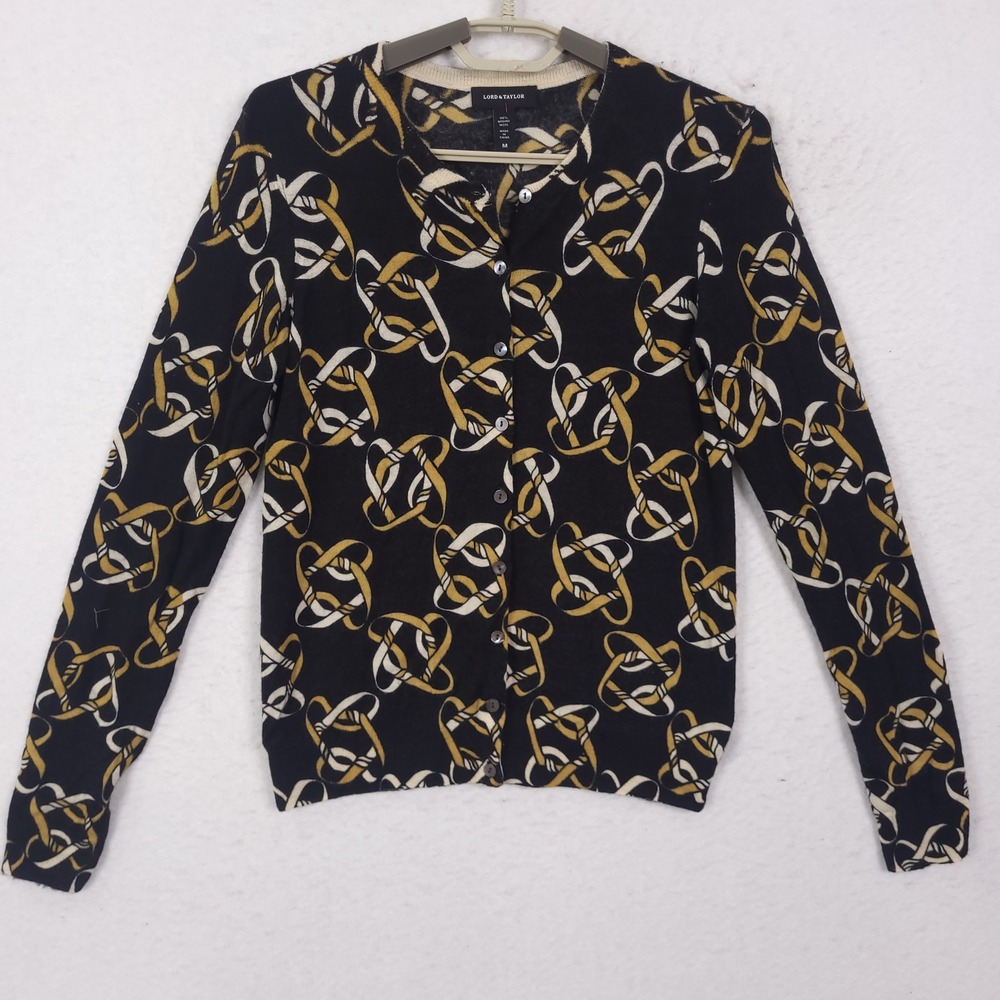 Lord & Taylor Cardigan Womens M Black Gold Chain Print Merino Wool Button Up